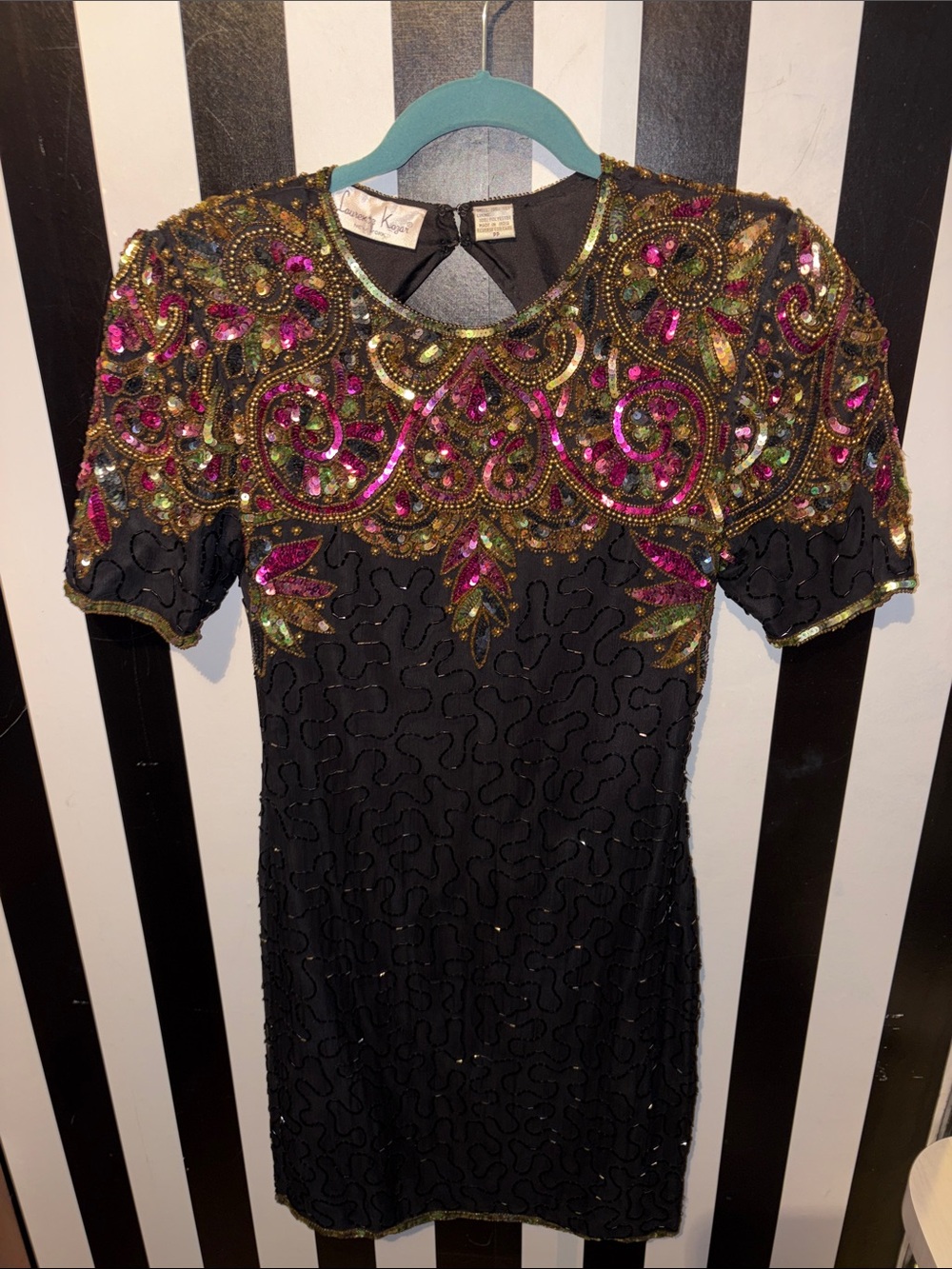 Laurence Kazar Black Silk Dress Hot Pink & Gold Full Sequin Embroidery 2/4 Small